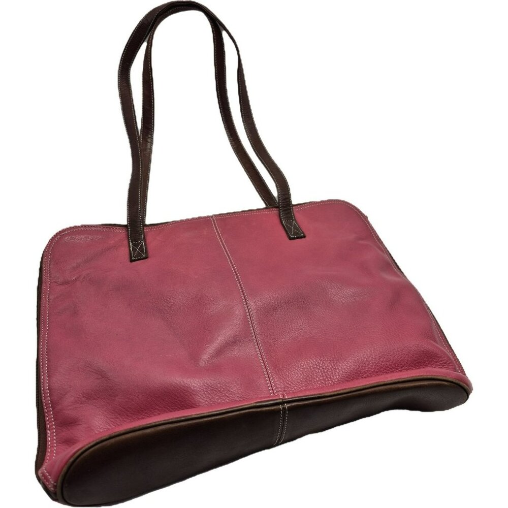 Wilsons Leather Pelke Studio Laptop Tote Bag Pink & Brown Shoulder Straps Work